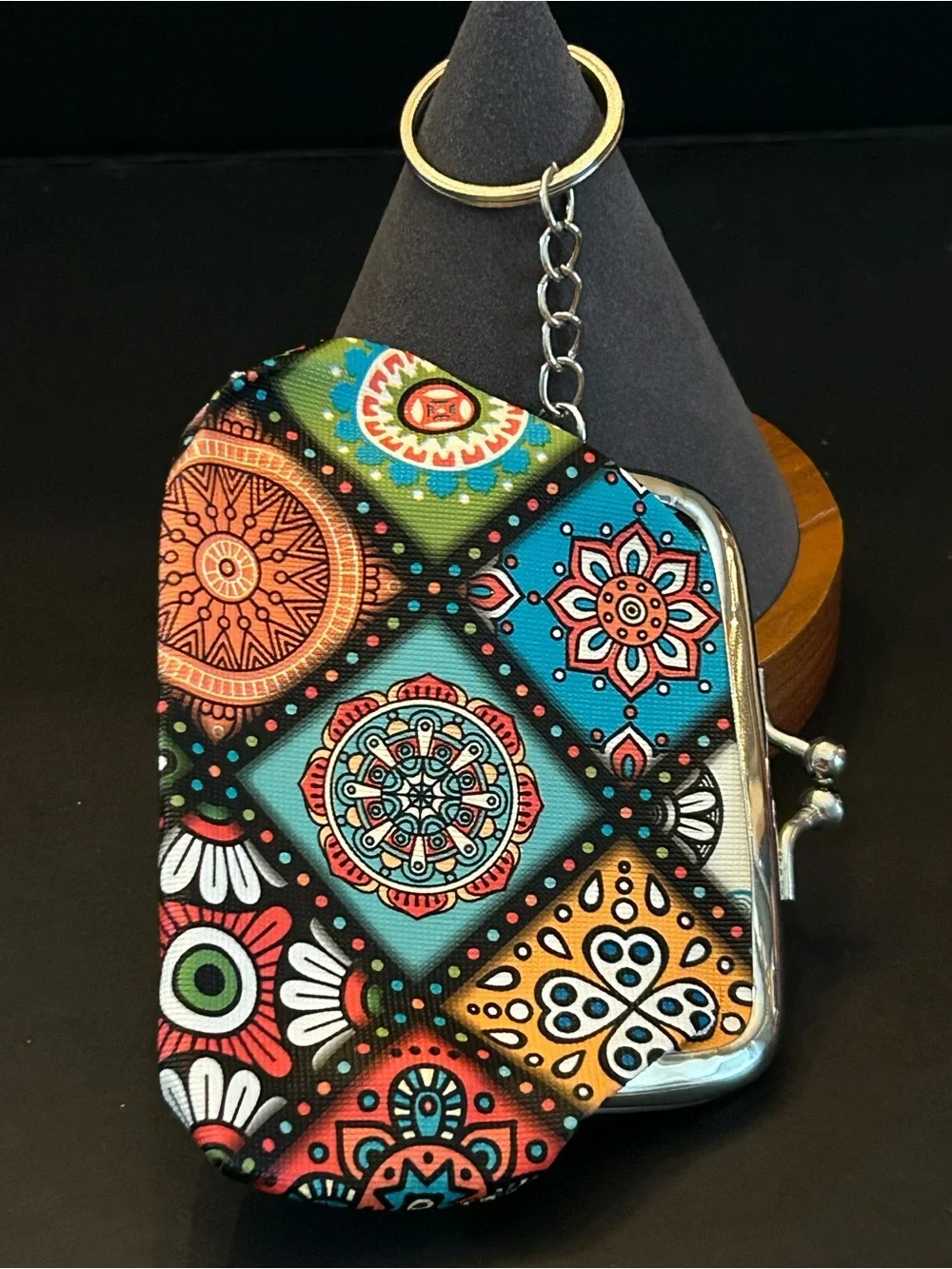Assorted Multicolor Mosaic Kiss-Lock Coin Purse Keychain Vibrant Patchwork Print